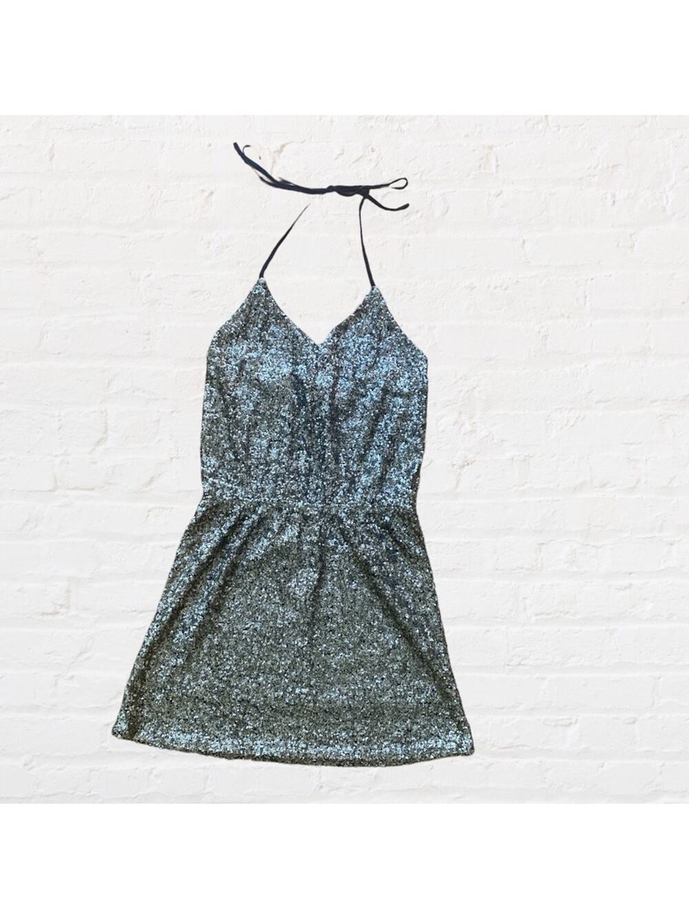 Francesca’s Quinn gold sequin halter mini dress
